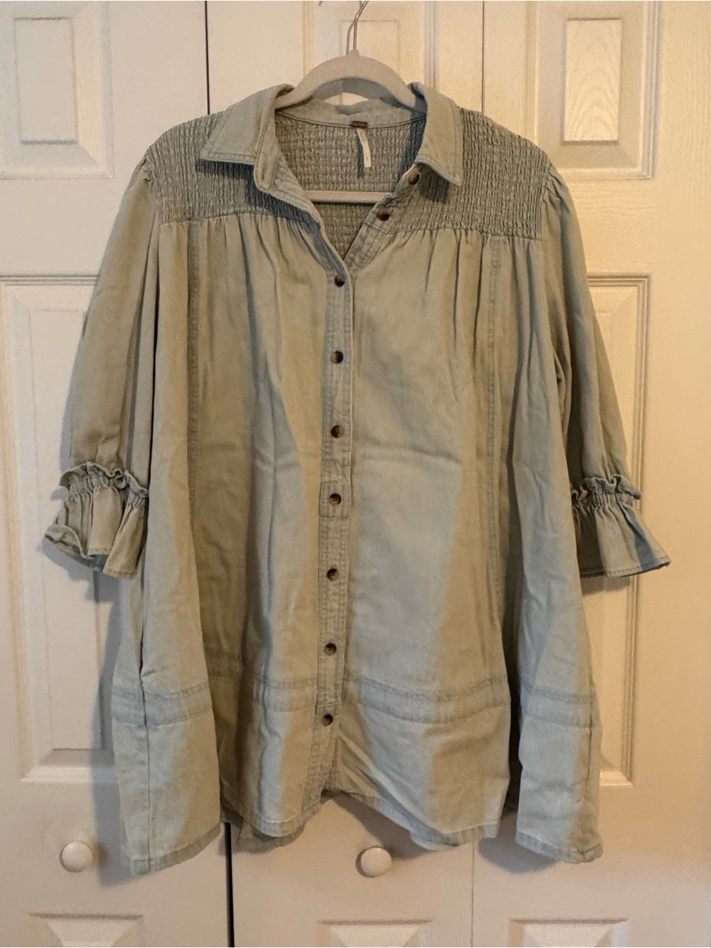 Free People Light Sage Green Button-Front Smocked Yoke Mini Dress
